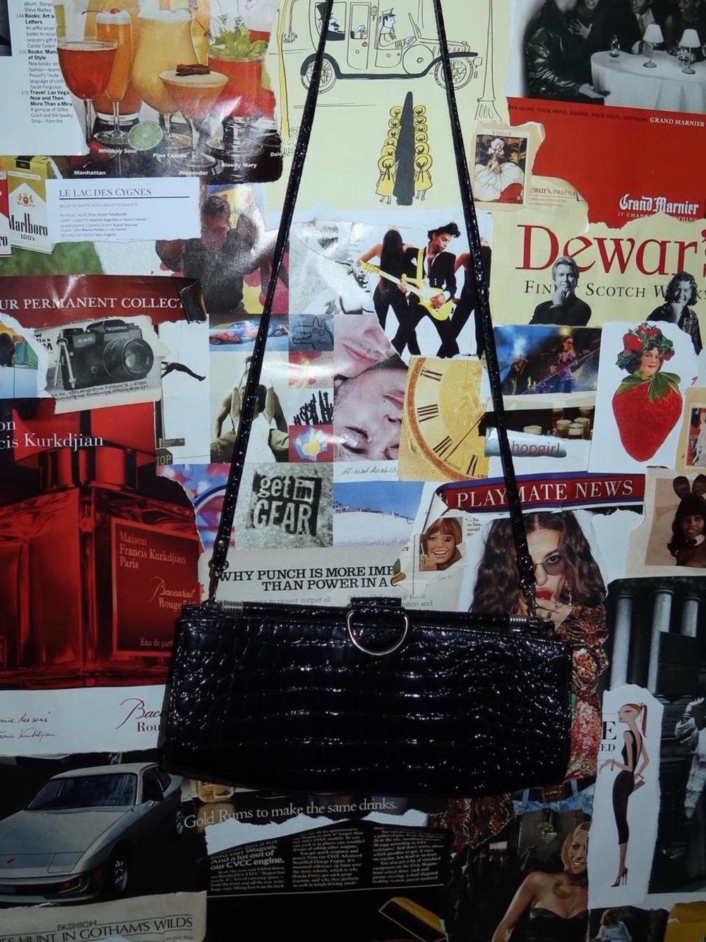 Black Croc-Embossed Shoulder Bag with Chain Strap